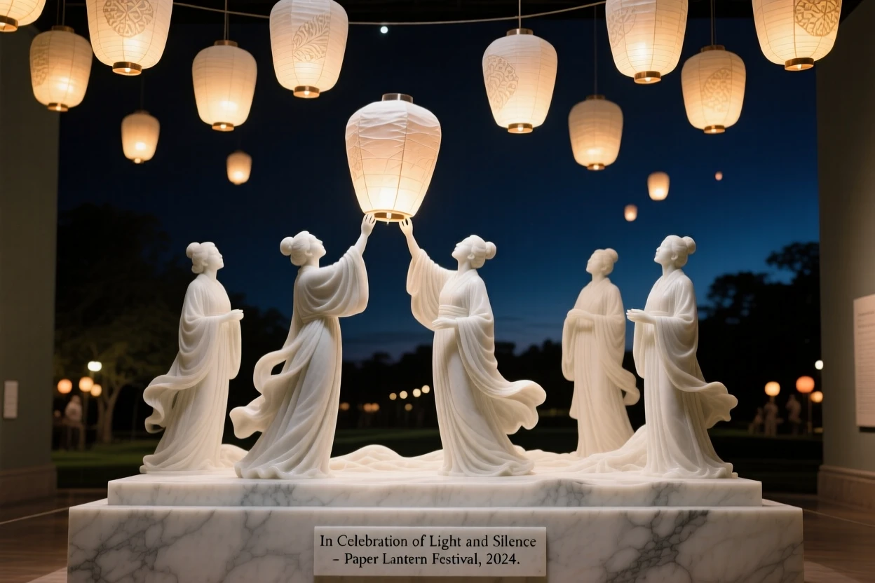 A beautifully composed image of a paper lantern festival lighting up the night sky, in a moment of quiet stillness, full of atmosphere and visual storytelling