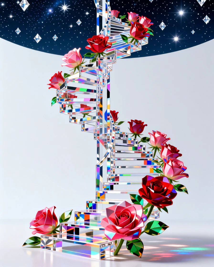 A surreal spiral staircase of blooming roses ascending into a starlit sky.