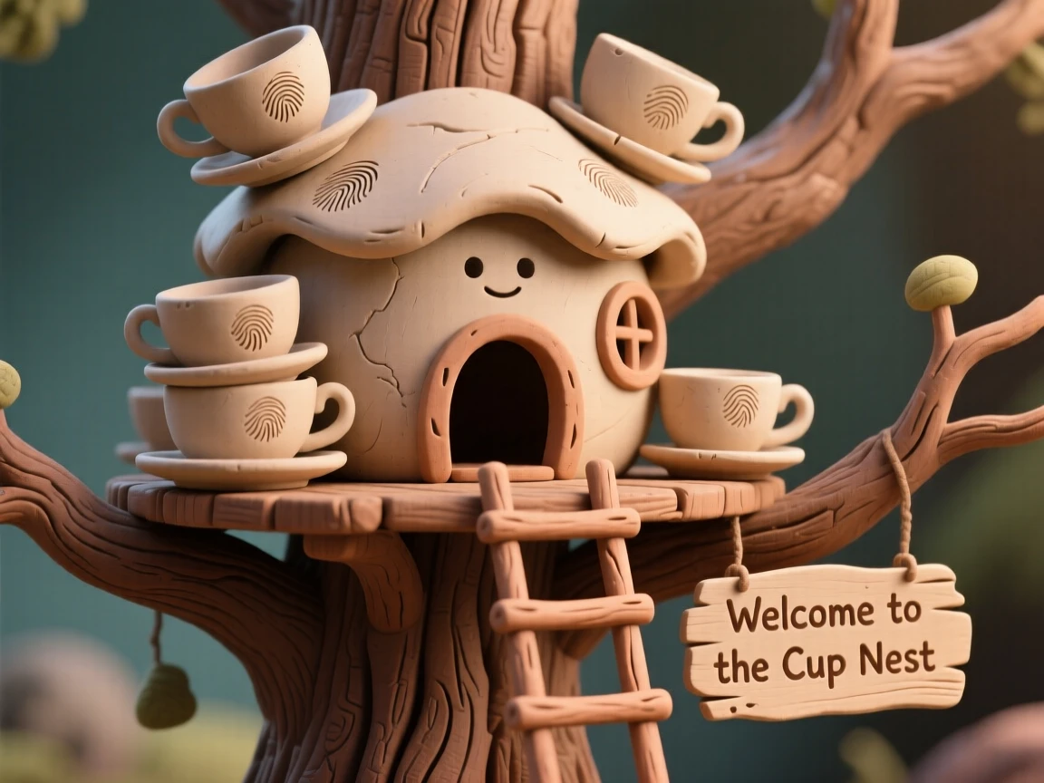 A treehouse built from stacked teacups and saucers