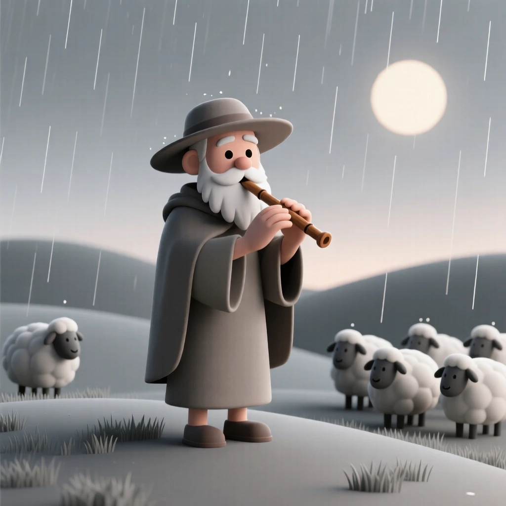 A gentle old shepherd plays a wooden flute to calm his flock during a gentle evening rain.