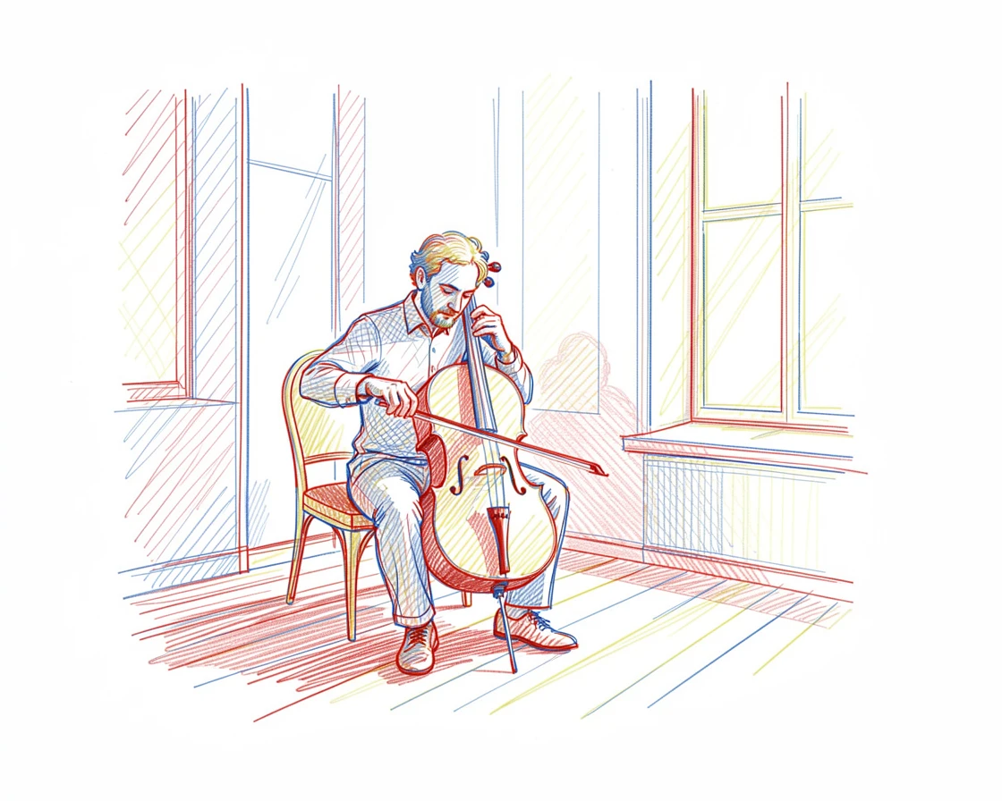 A cellist practicing alone in a quiet, sunlit conservatory room