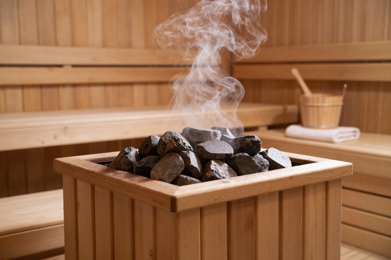 A sauna session with steam rising over hot stones