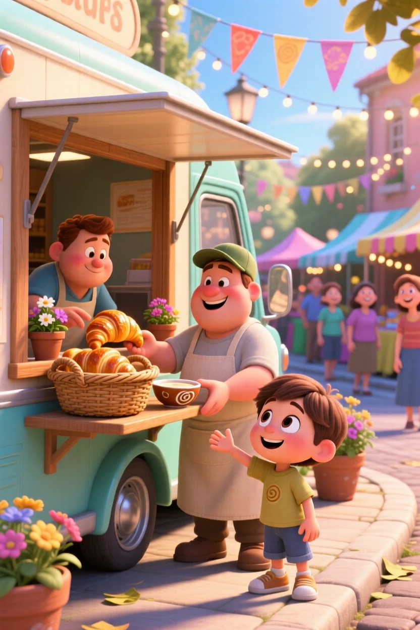 A basket of warm buttery croissants sits at a food truck window on a lively street, beside a small dish of dipping sauce. The mood is festive and appetizing.