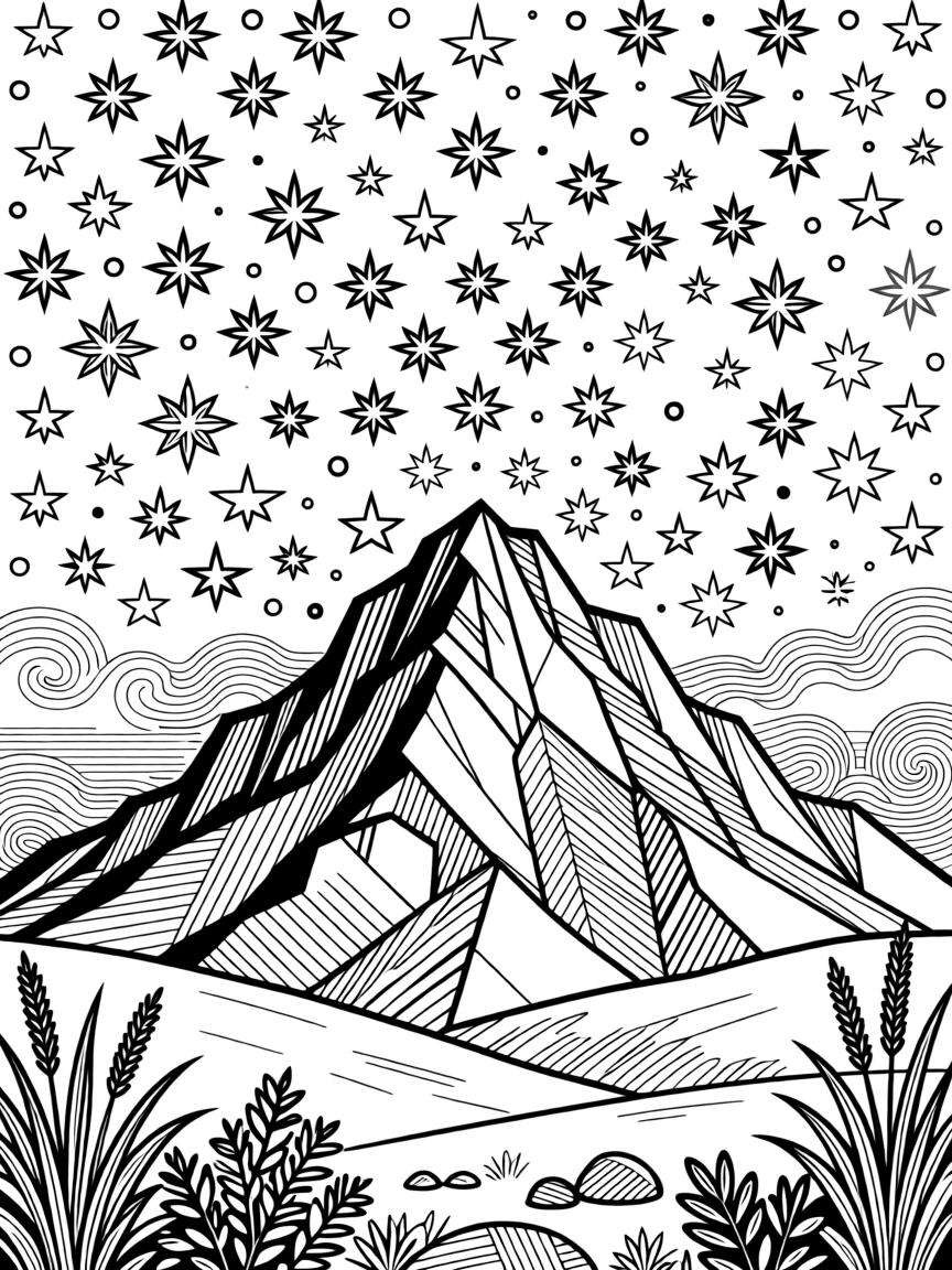 A single mountain silhouette layered against a sky full of stars.