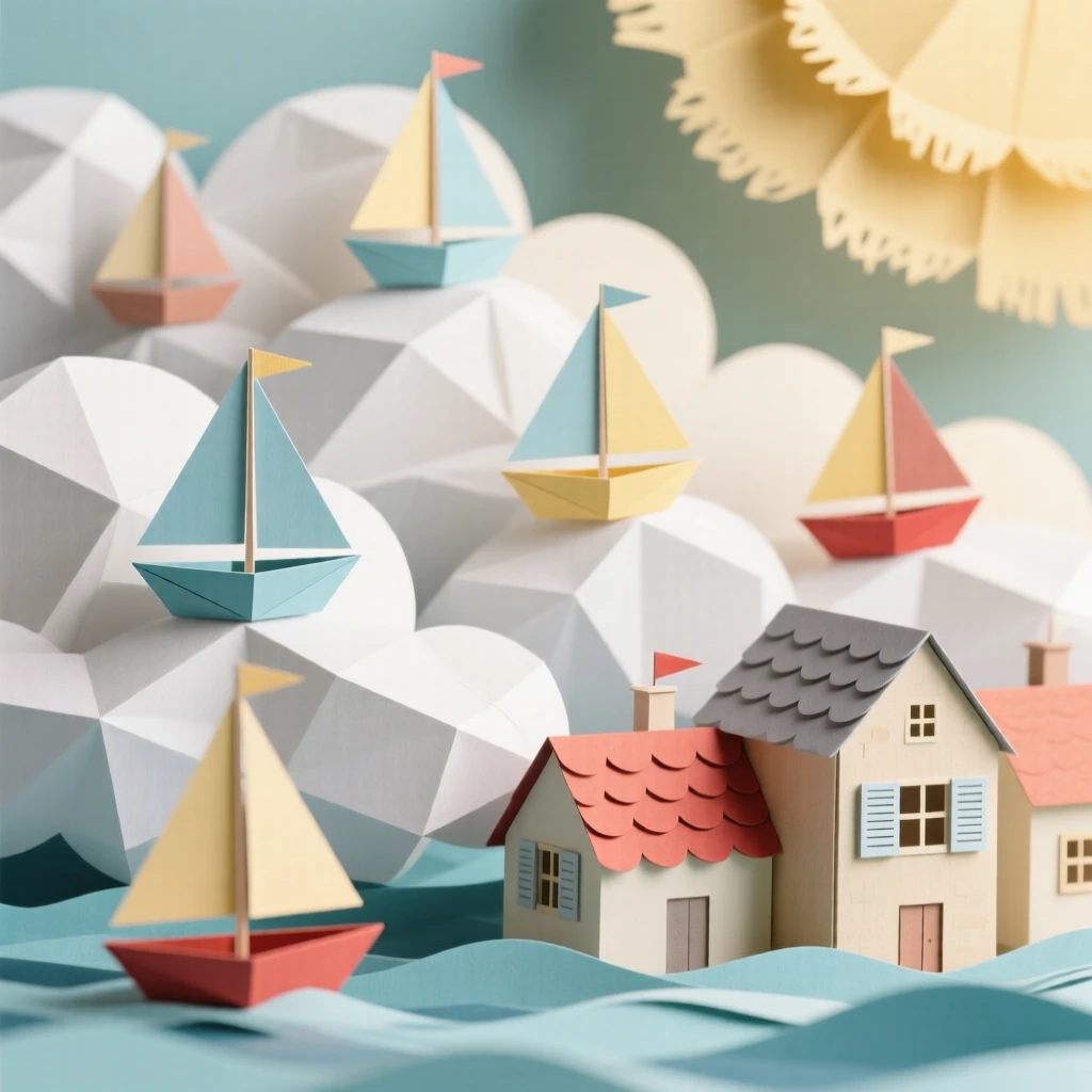 An ocean of clouds with tiny sailboats drifting silently over a sleeping village, with soft golden light spilling outward, capturing whimsical, surreal beauty.