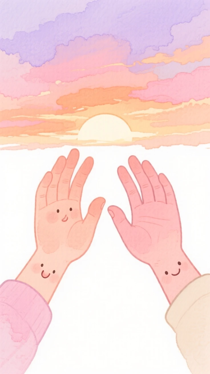 An uplifting, heartwarming moment of two hands reaching toward each other against a sunset sky