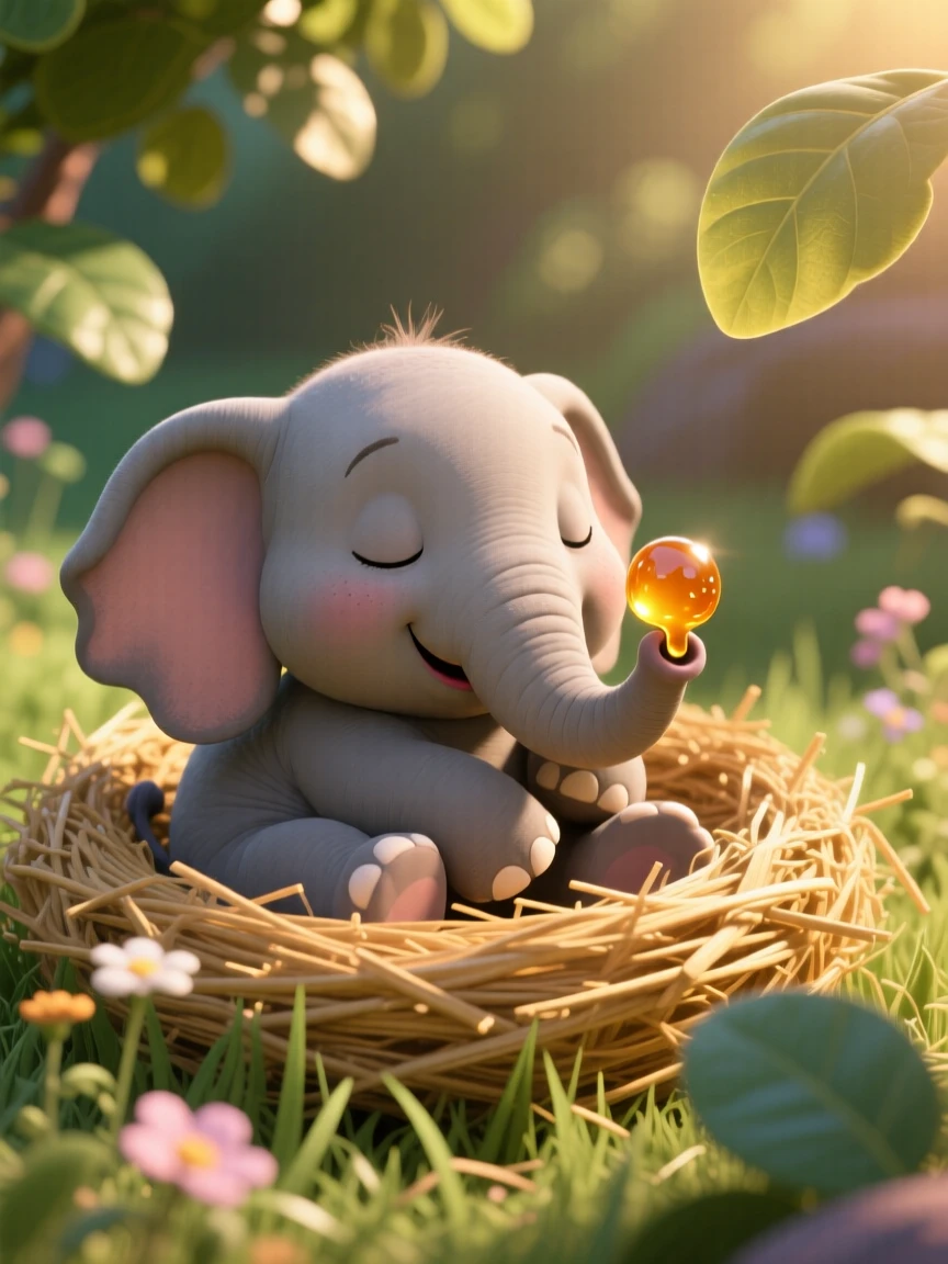 A baby elephant is curled up in a nest of straw, licking a drop of honey off its nose. A quiet, comforting sweetness surrounds the scene, with a faint smile-like expression.