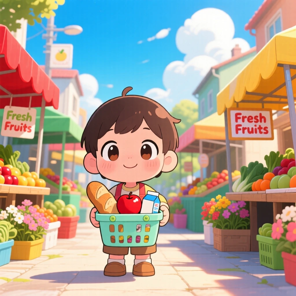 In a colorful neighborhood market, a child is grocery shopping with a tiny shopping basket beneath fluffy drifting clouds, bathed in bright midday sun, expression full of peaceful calm. Shot as a symmetrical front-on view.
