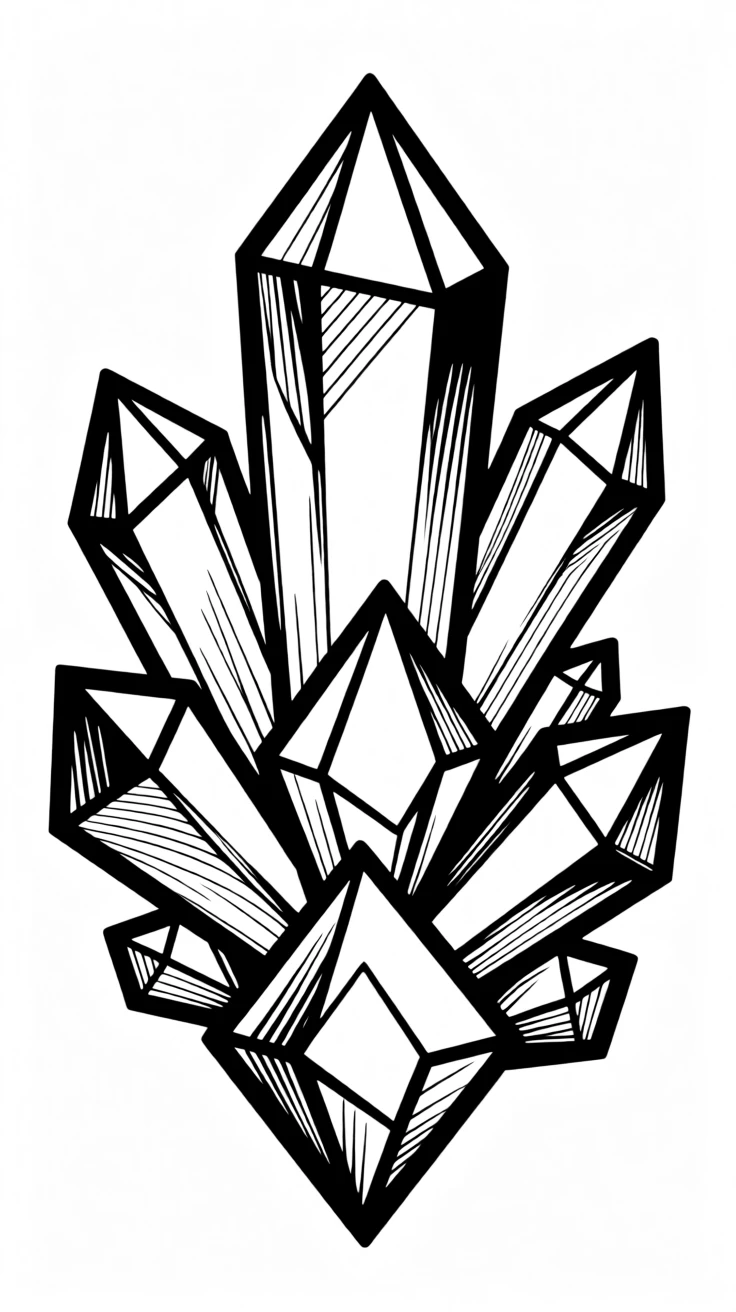 A geometric arrangement of crystals and gemstones catching the light.