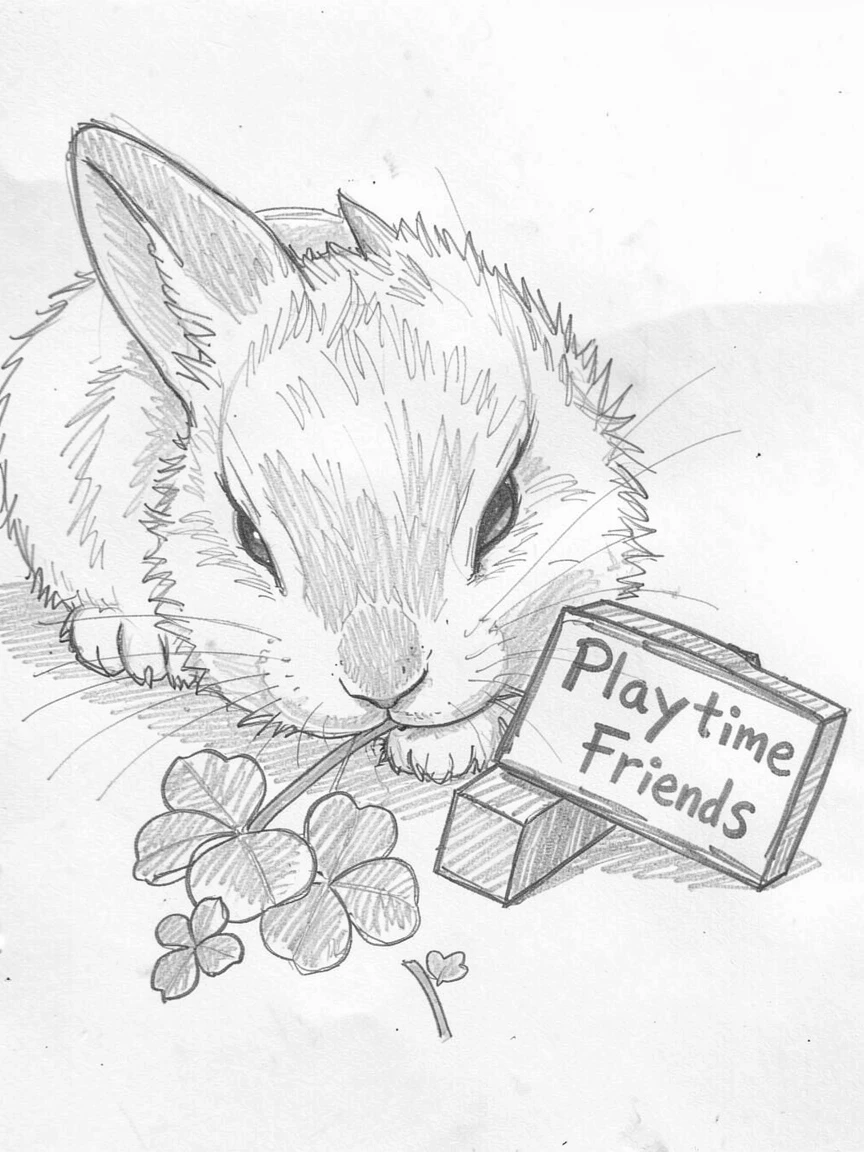 A charming close-up of a fluffy baby bunny nibbling clover beside a small wooden toy, looking impossibly soft and content.