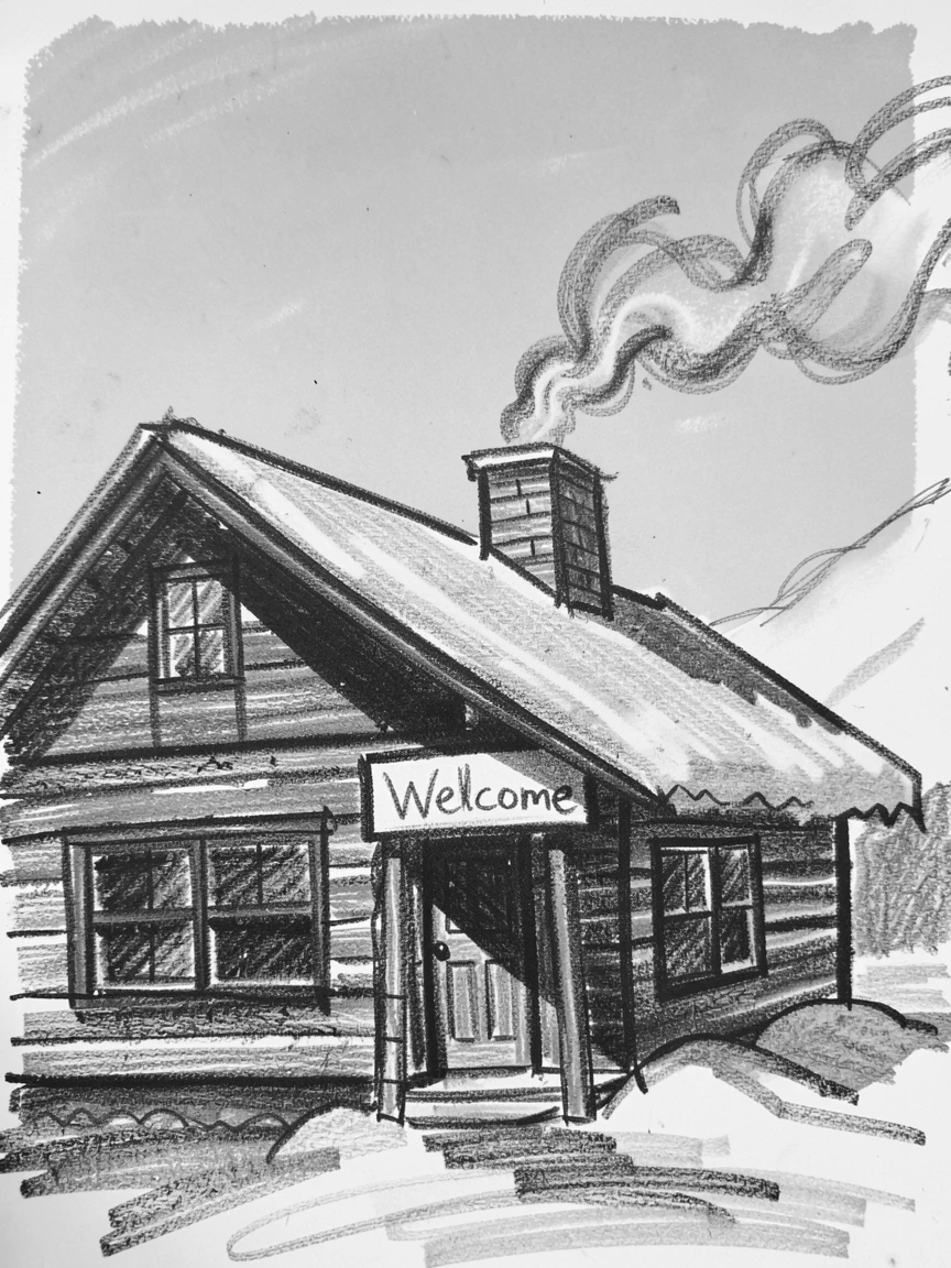 A snowy mountain cabin with smoke curling from the chimney, under a clear blue midday sky.