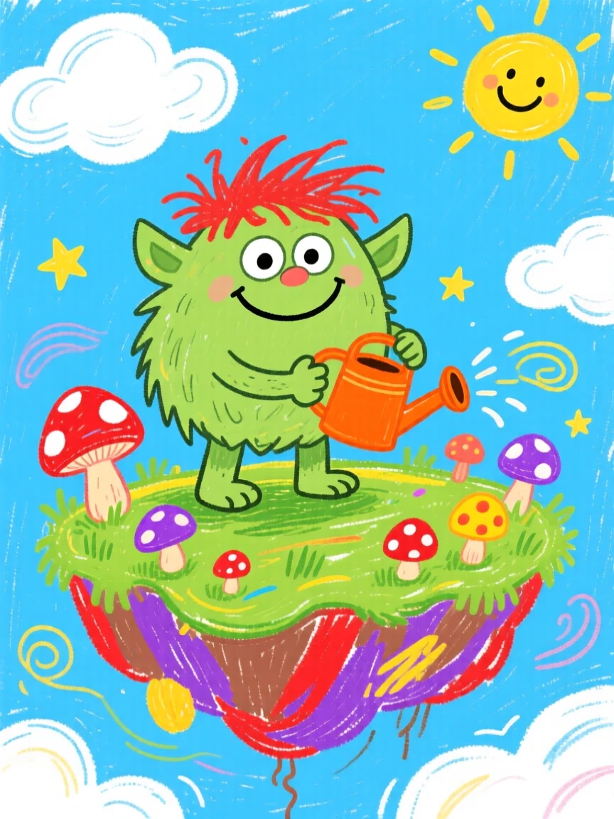 A friendly forest troll tending mushrooms atop a floating island in the sky.