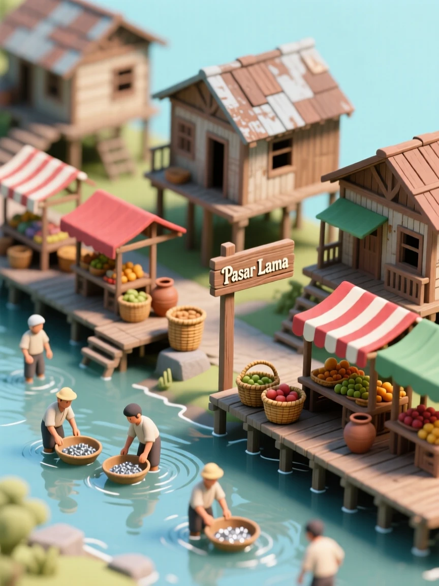 A colonial Malaysian tin mining town with wooden stilt houses, workers panning in a river, and market stalls nearby.