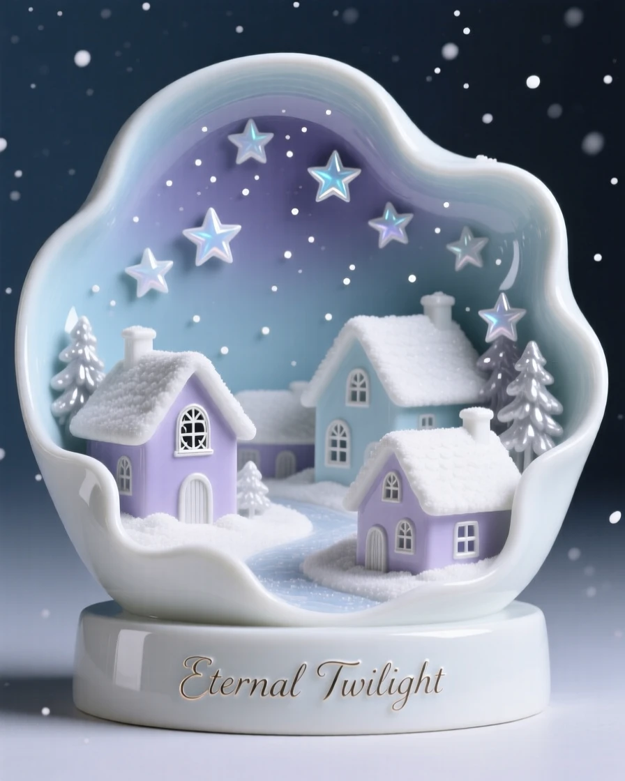 A surreal composition where stars fall softly like snow over a quiet village, lit with the soft glow of an eternal twilight.