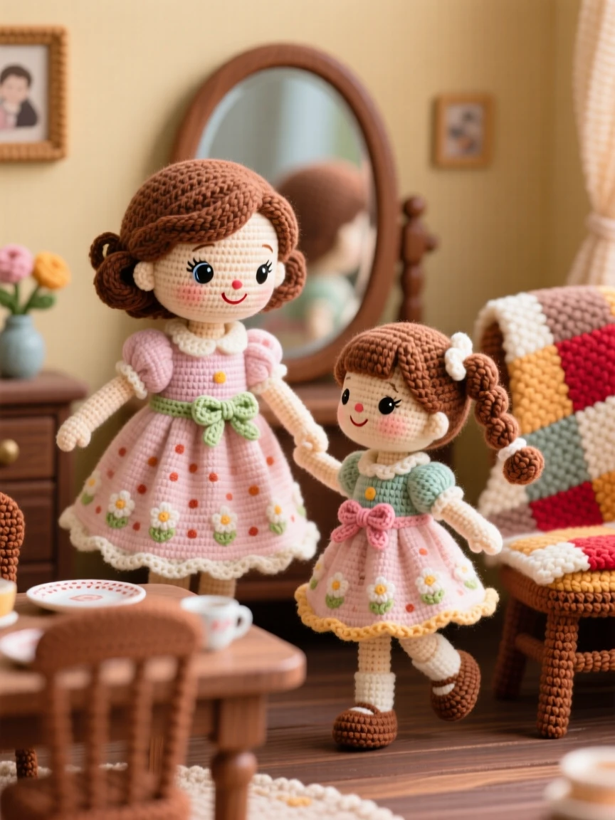 a mother and daughter matching outfits for a special day, twirling together in the mirror, admiring their coordinated look, in a warm dining room set for a family gathering, with a warm quilt draped over a nearby chair, radiating warm nostalgia and gentle family tradition.
