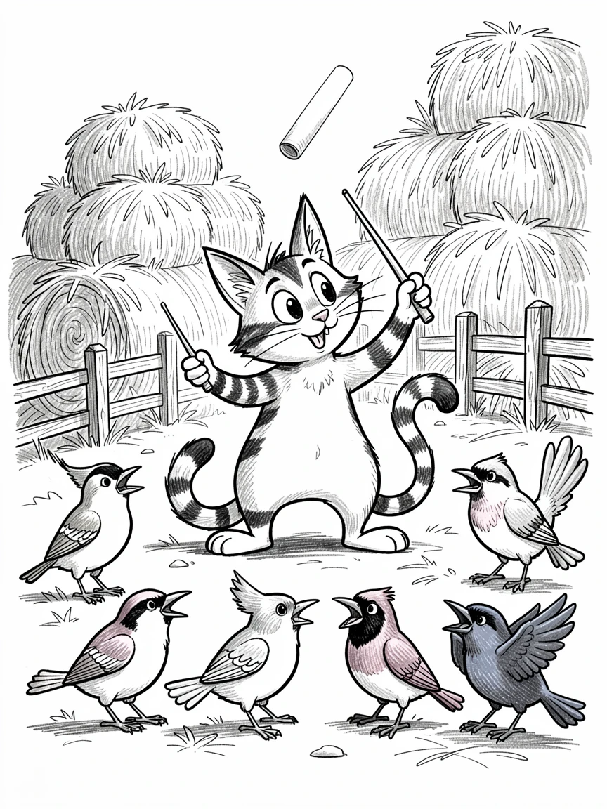A cat conducting an orchestra of birds singing in a barnyard full of hay bales.