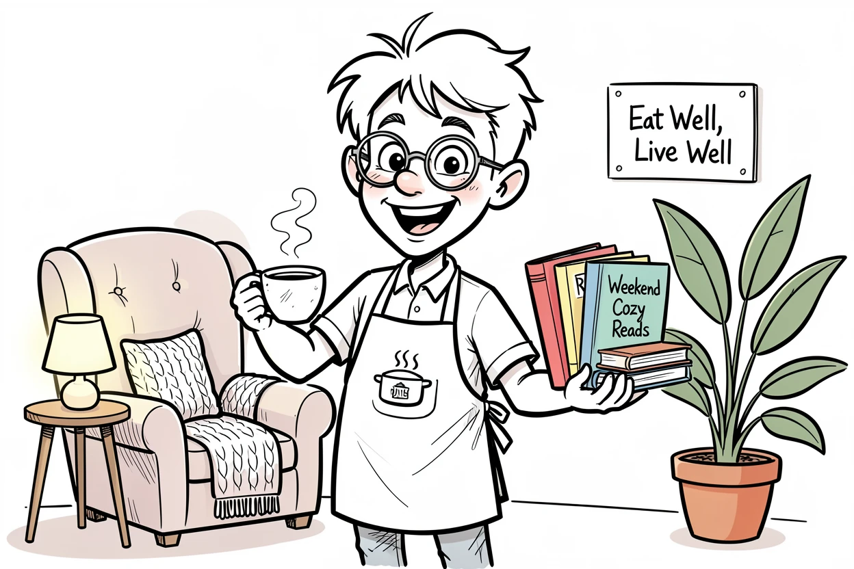 [Trending & Universal Topics] Modern lifestyle scene of a trendy weekend chef setting up a cozy reading nook, capturing everyday joy