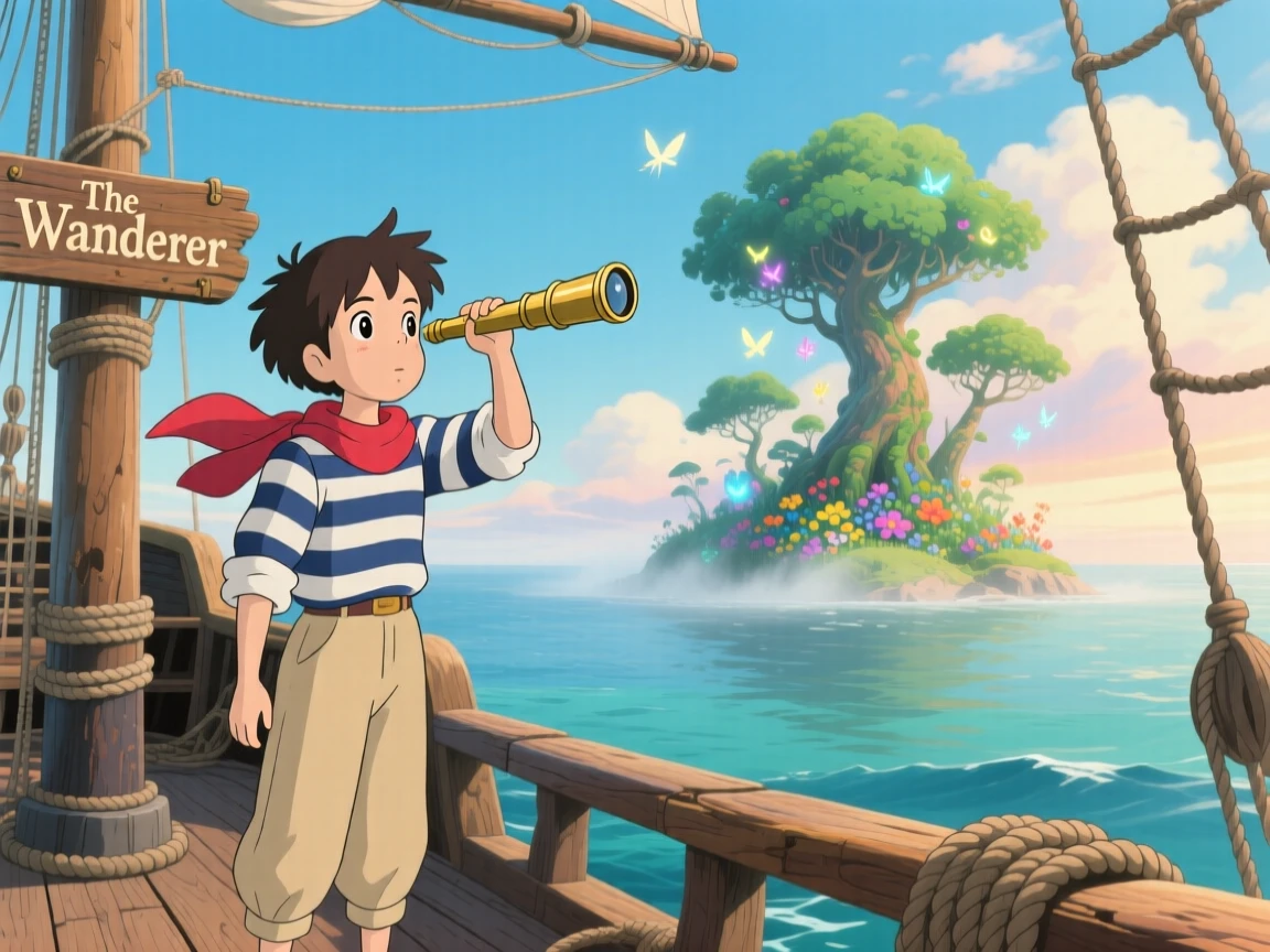 A sailor spotting a distant uncharted island through a spyglass, the moment adventurous and hopeful.