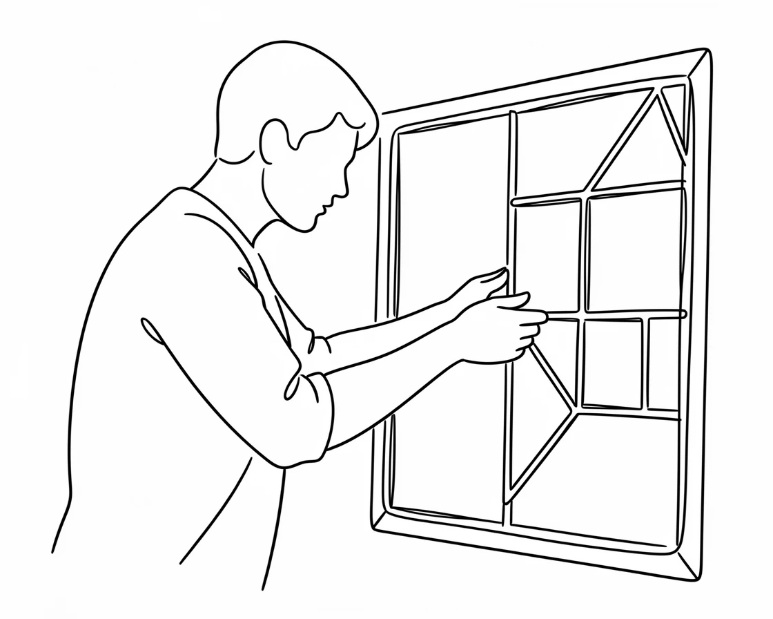 A stained glass artist fitting colored panes into a lead frame