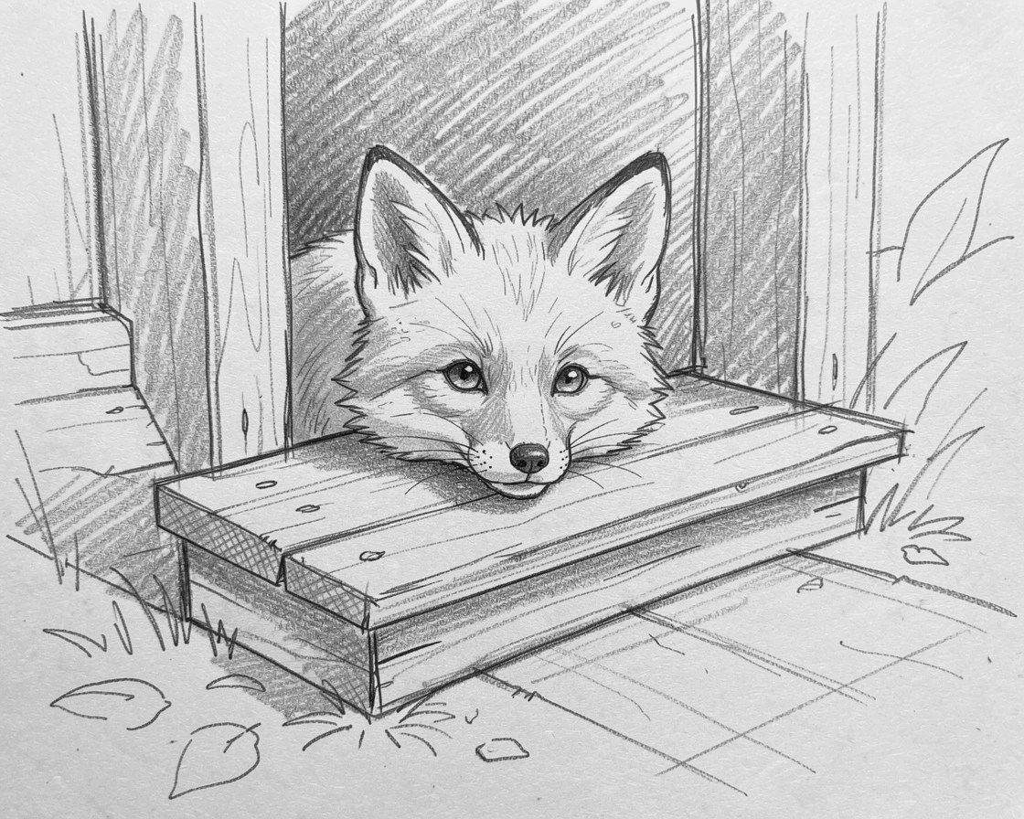 A charming close-up of a baby fox peeking out from its den on a warm porch step, looking utterly adorable and at ease.