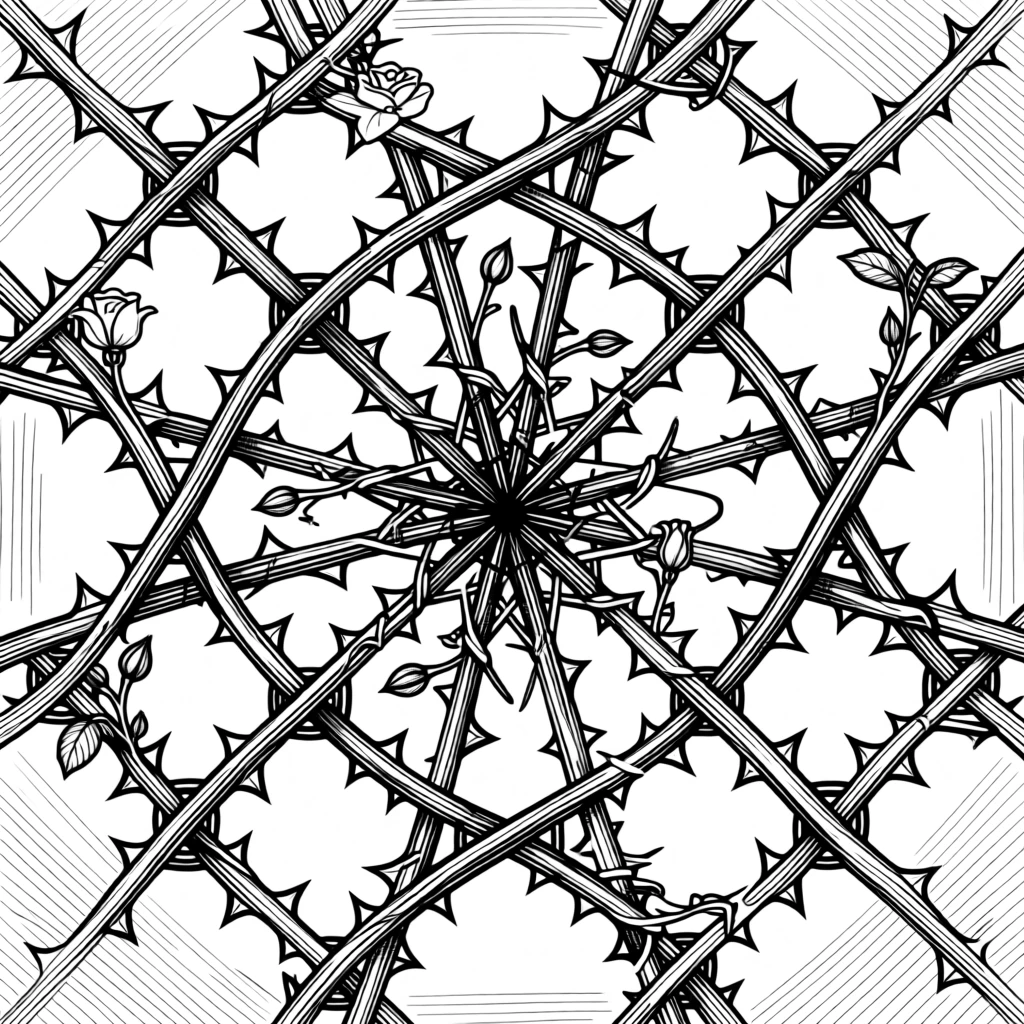 A lattice of climbing roses and thorns arranged to draw the eye toward the center, with tiny botanical elements woven throughout, forming a luxuriously detailed decorative composition.