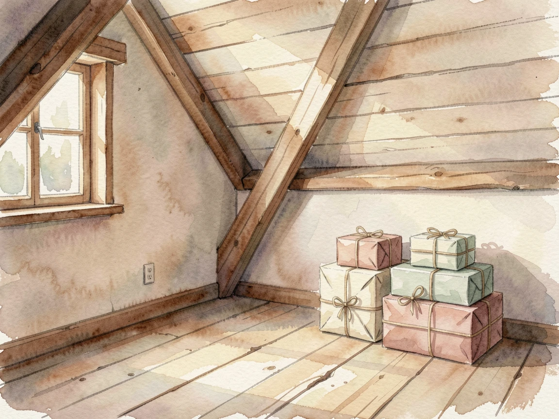 A cozy attic bedroom under a sloped ceiling with a stack of wrapped gifts nearby.