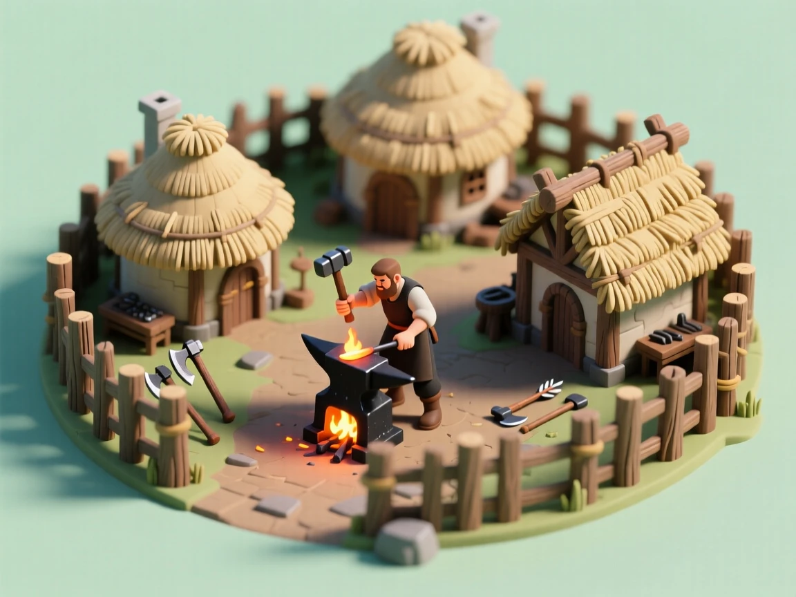 An ancient Gallic village with roundhouses encircled by a wooden palisade, a blacksmith forging iron tools by firelight.