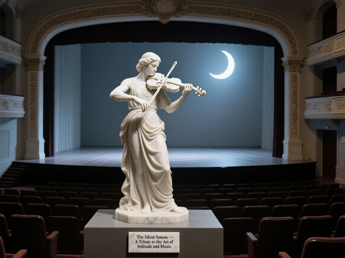 A beautifully composed image of a violinist performing for an empty, moonlit theater, in a moment of quiet stillness, full of atmosphere and visual storytelling