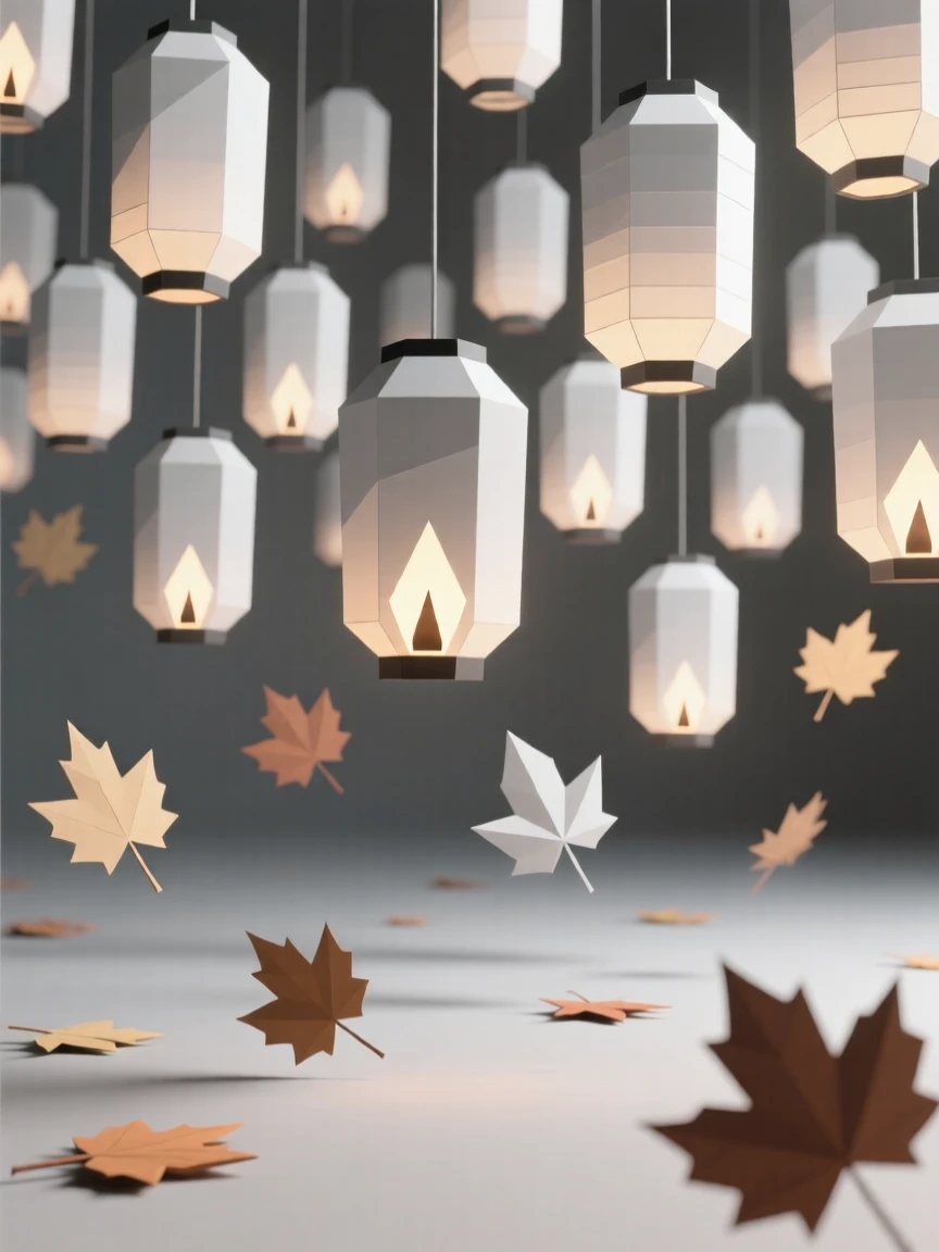 A lantern festival with hundreds of glowing paper lanterns, as autumn leaves drift through the air. soft light and gentle shadows add depth to the scene. The mood feels cozy and nostalgic.