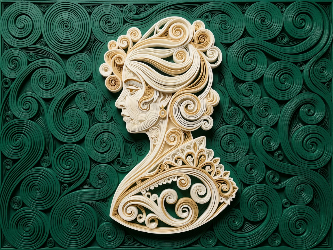 An elegant design featuring a Victorian-inspired cameo silhouette portrait, flowing in soft organic curves throughout, with fine hair-thin linework throughout, set against a deep emerald background.