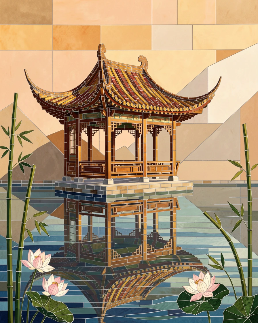A breathtaking wide-angle view of a traditional Chinese garden pavilion beside a still lake, with rich warm lighting and fine architectural detail.