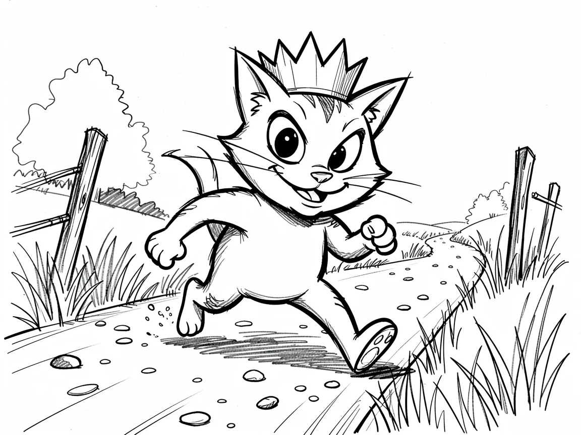 A cat pretending to be a king wearing a paper crown on a country road during a race.