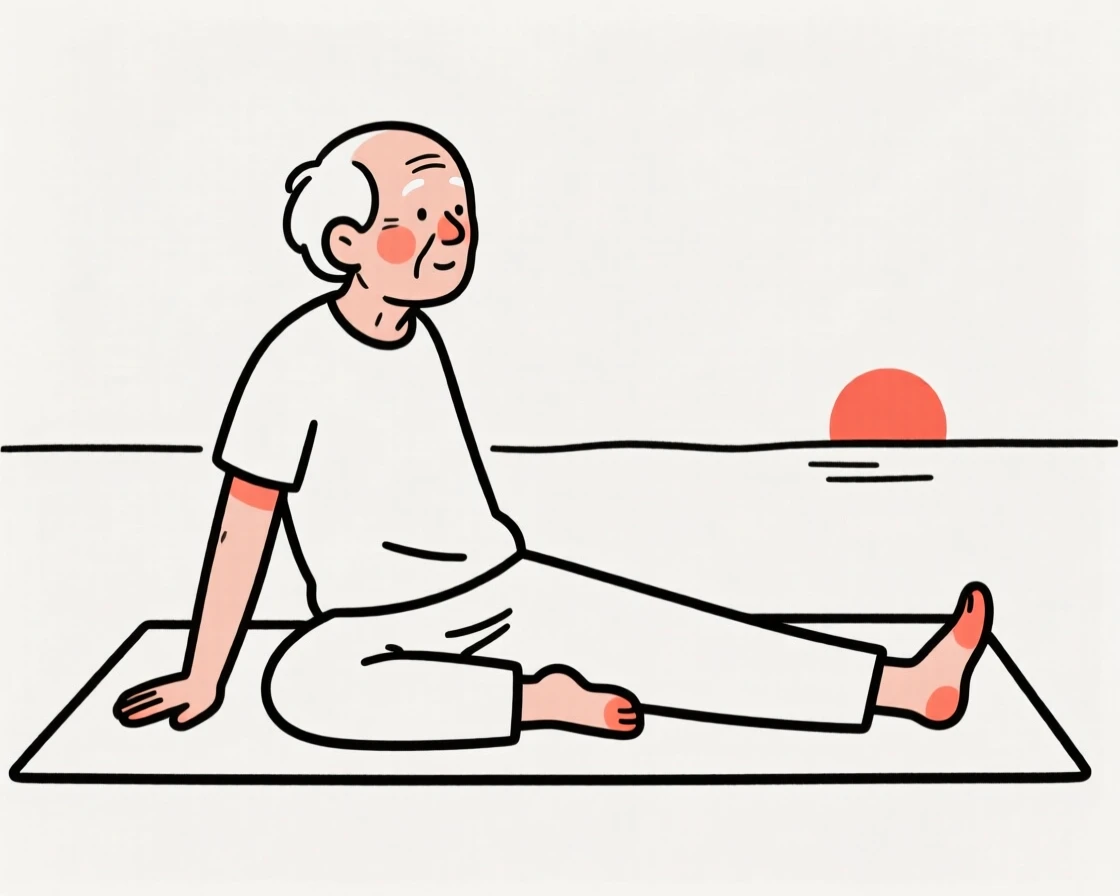 A grandfather stretching on a yoga mat at dawn.