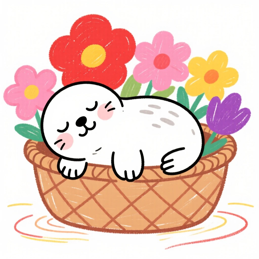 A chubby seal pup napping in a basket of soft flowers.