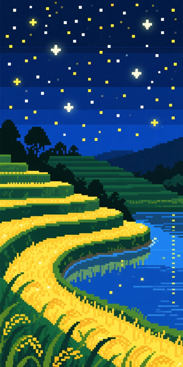 A terraced rice field glowing under a sky full of stars, beside a calm and glassy lake.