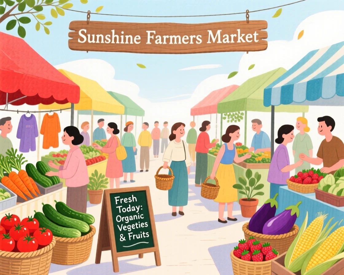 A bustling farmers market with baskets of fresh produce, peaceful and full of gentle motion.