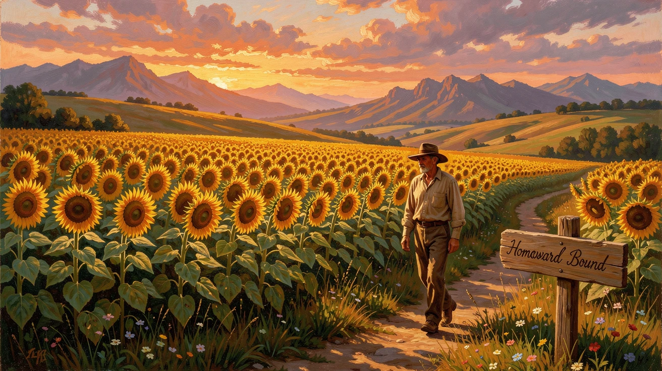 A field of sunflowers turns toward the fading light as a farmer walks home along a dirt path.