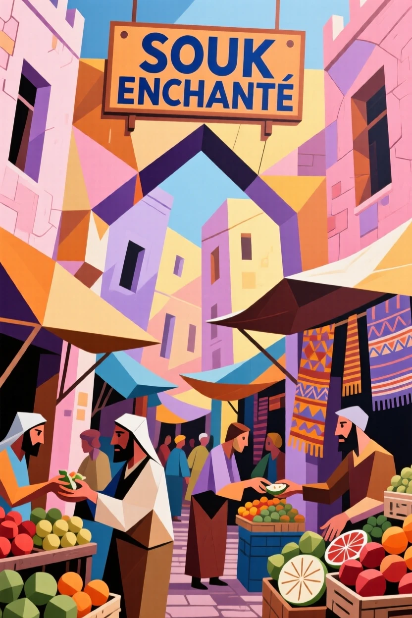 A vibrant scene of a bustling souk framed by pastel-colored buildings leaning close together.