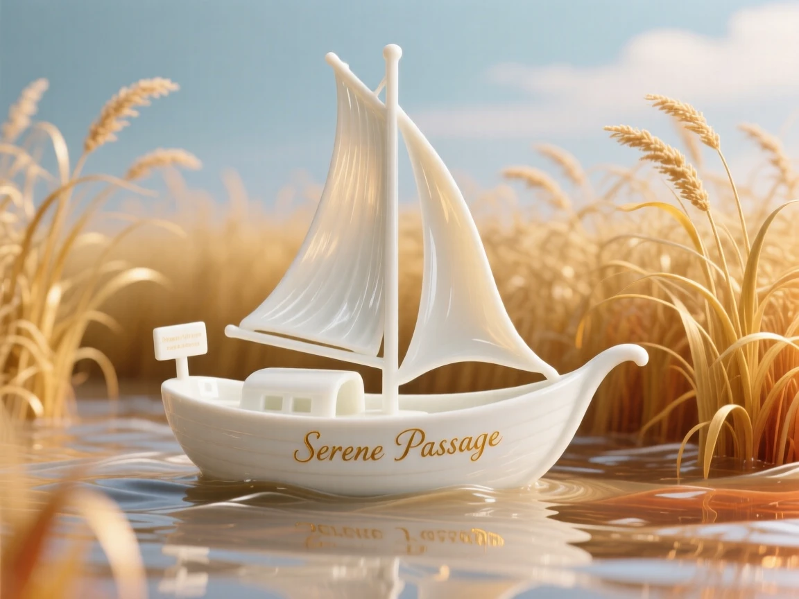 A dreamlike scene of a boat sailing across a sea of tall golden grass, quietly majestic and softly luminous.