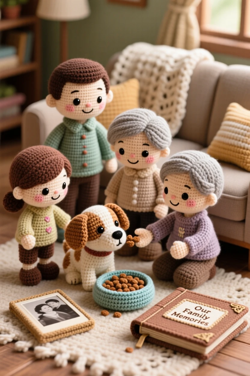 a family caring for a new puppy together, each taking turns with a small bowl of food, is captured watching it happily eat its first meal in a warm and welcoming family living room beside a worn but beloved family photo album, showing quiet tenderness between generations.