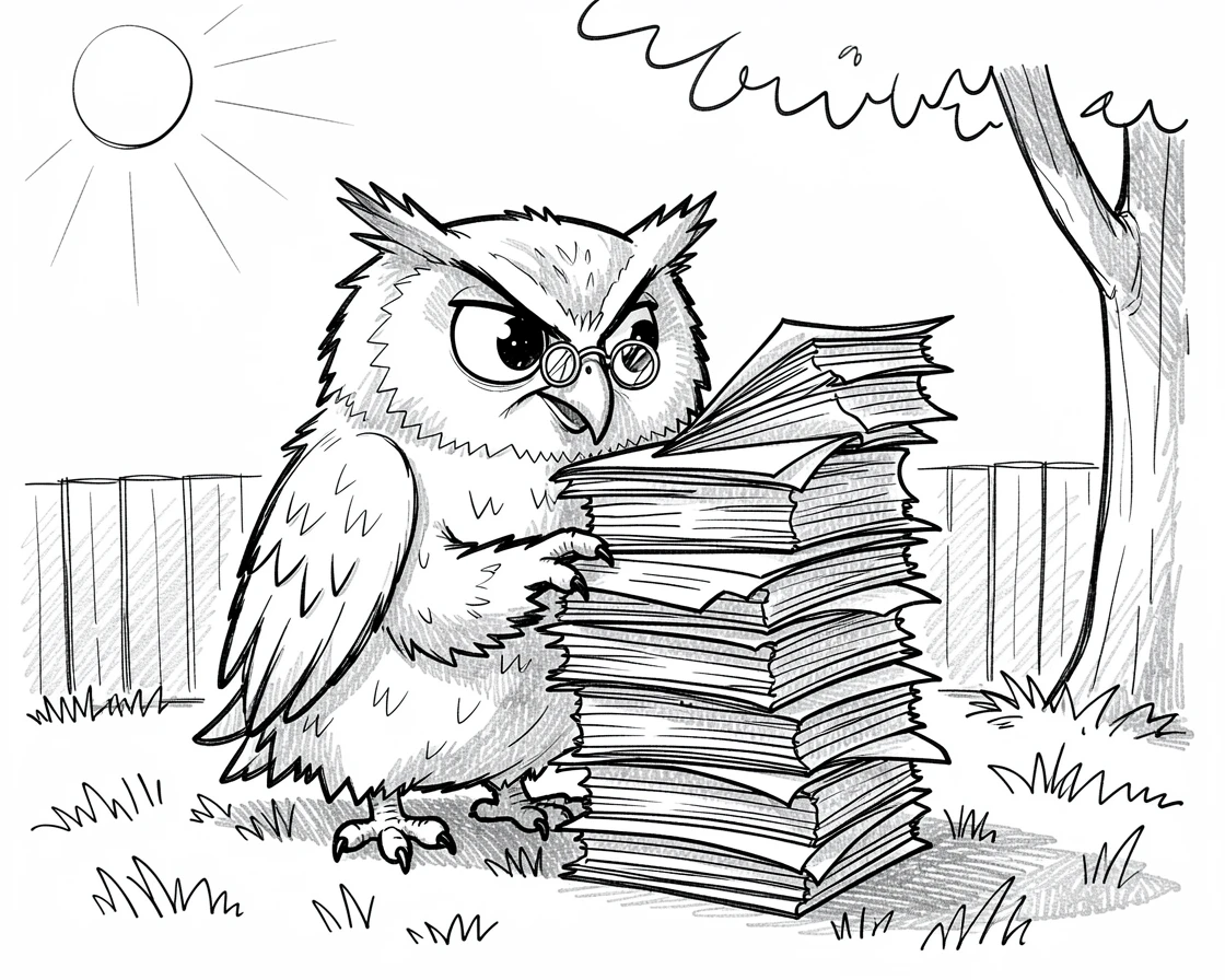 A owl wearing tiny glasses grading a stack of papers in a sunny backyard.