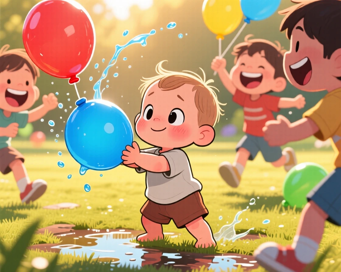 A playful childhood moment of a shy toddler having a good-natured water balloon fight, as golden afternoon light glows warmly.