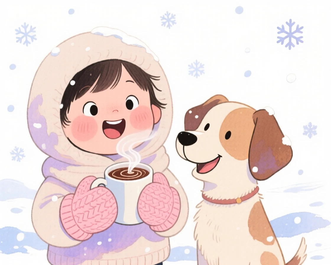 A charming seasonal scene of a cozy first-snow scene with hot chocolate and mittens