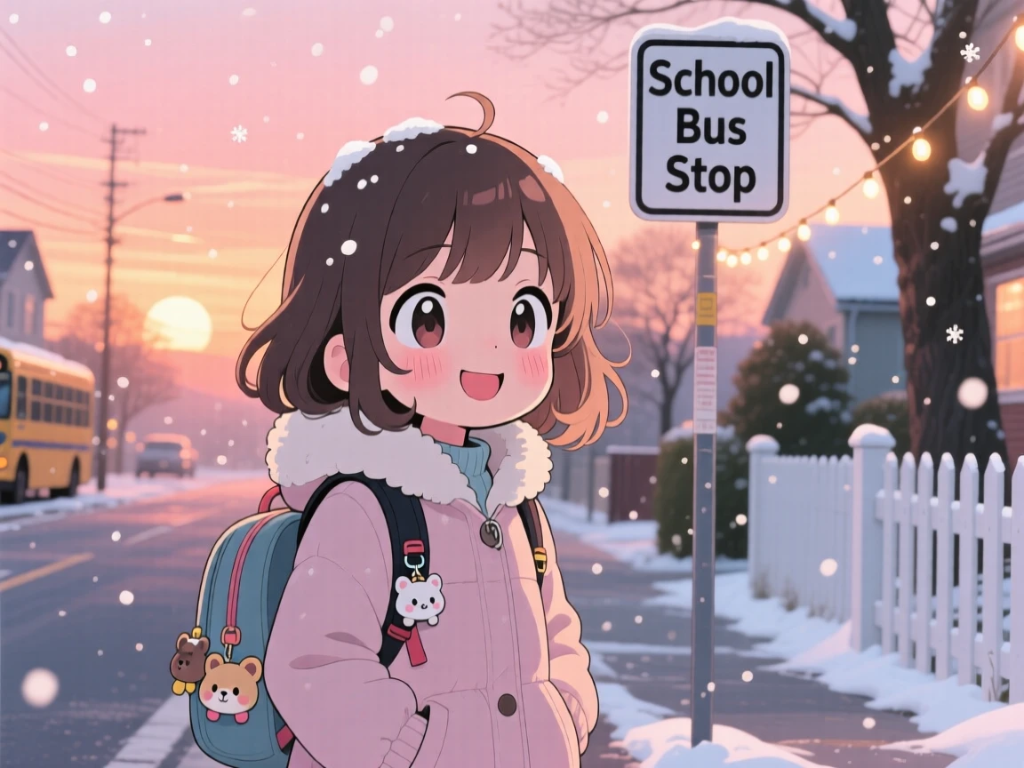 Close-up portrait: a young girl, waiting for the school bus with a backpack, set against a quiet suburban street at sunrise amid softly falling snow, with glowing string lights and a mood of giggling amusement.