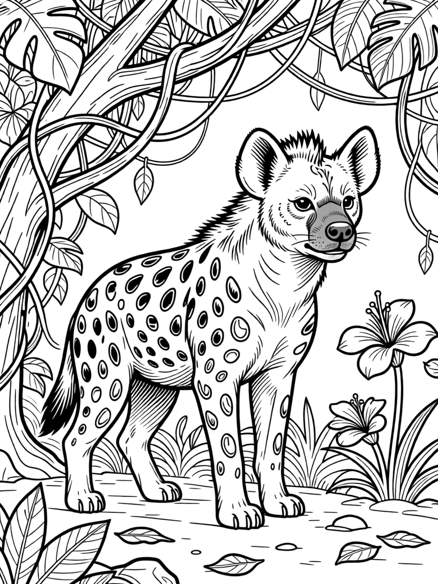 A hyena hidden among dense jungle vines, with scales that catch glints of light.