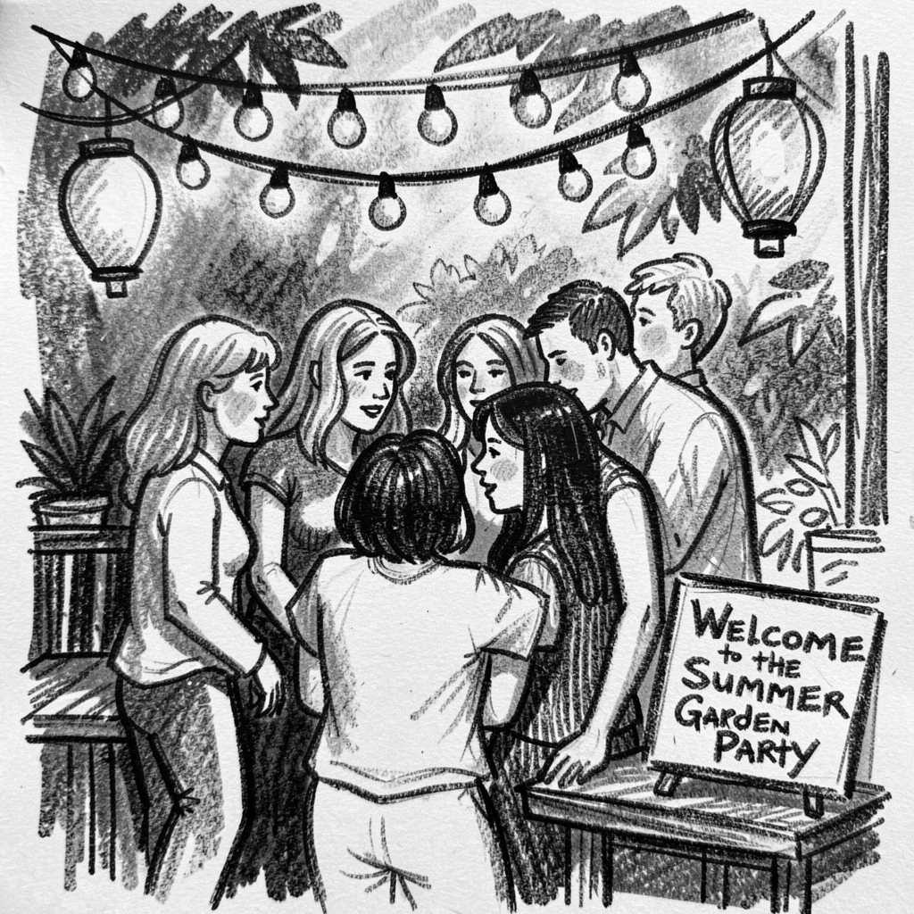 A summer garden party with string lights and lanterns, with everyone gathered close together.