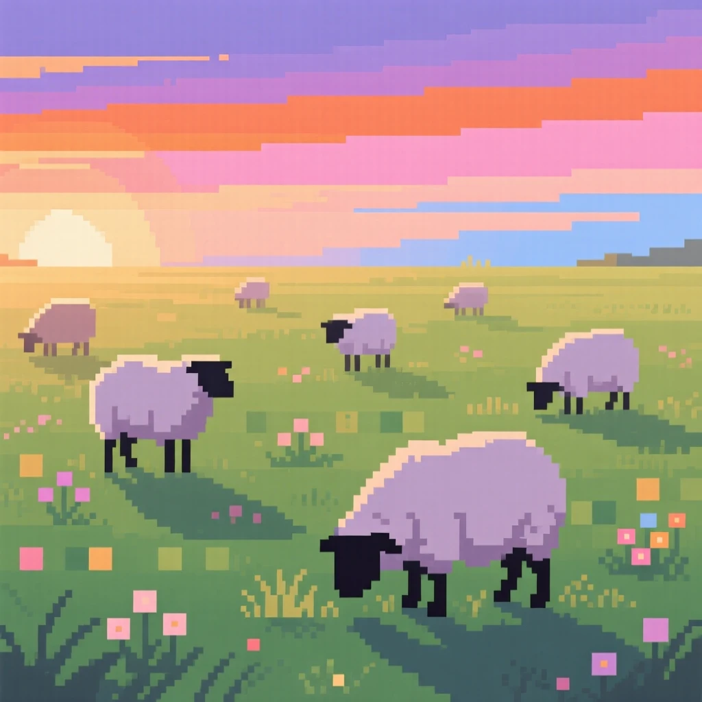 A meadow dotted with grazing sheep bathed in the soft light of early morning, under a sky painted with the colors of sunset.