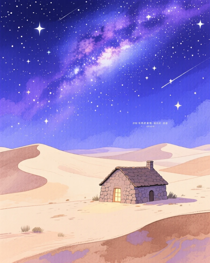 A star-filled night sky over a silent desert dune, with a small stone cottage nestled in the distance, capturing the breathtaking beauty of untouched nature.