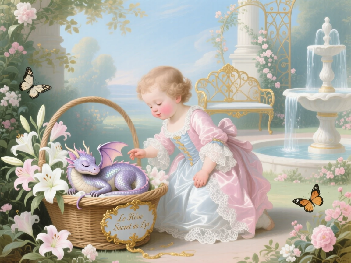 A royal child finding a friendly dragon asleep inside a basket of lilies  