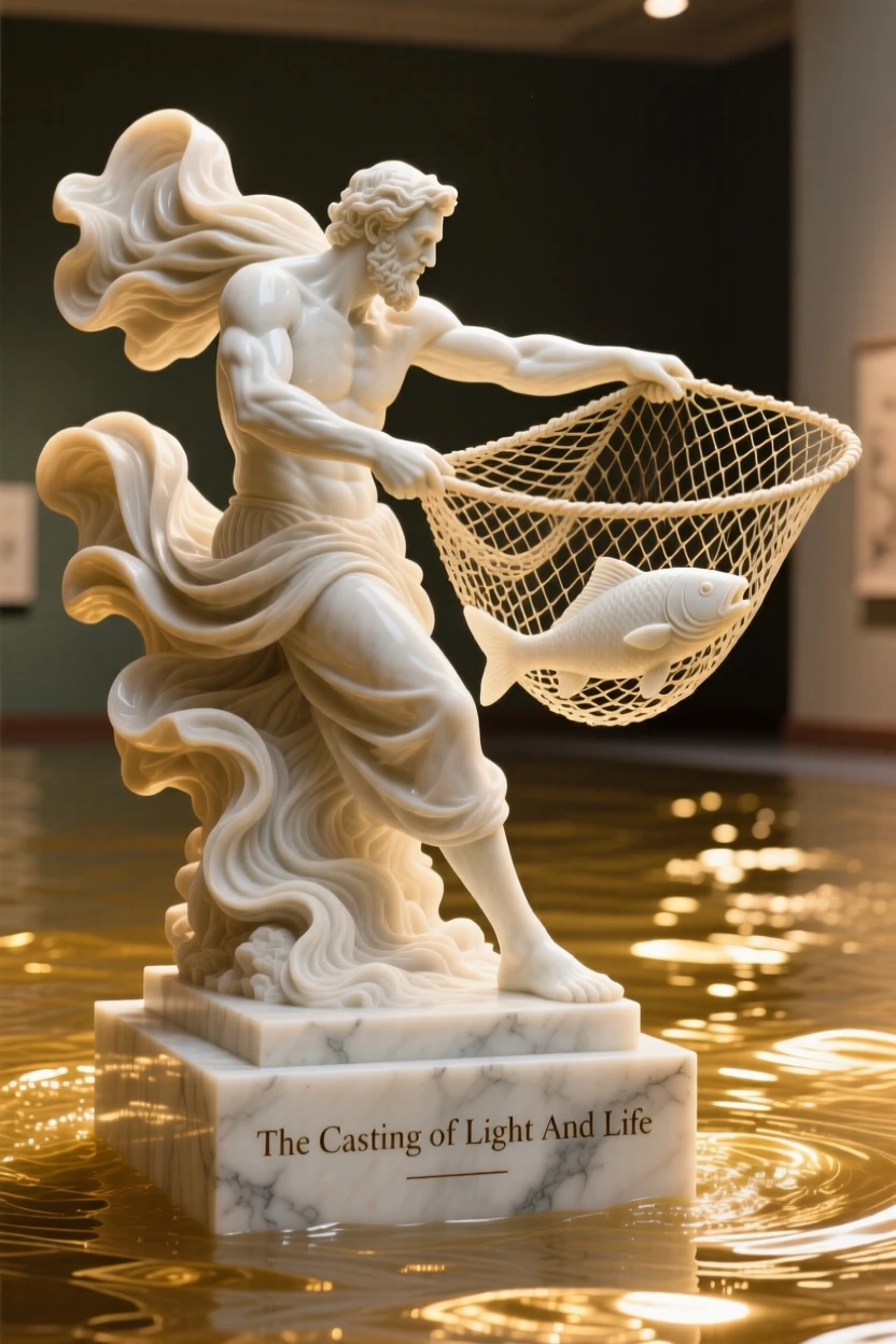 A vivid, emotionally rich scene of a fisherman casting his net into golden waters, surrounded by soft, glowing light, designed to captivate and inspire